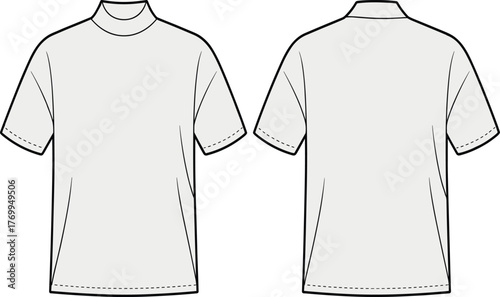 Technical flat sketch of plain short sleeve crew neck t‑shirt front and back view with seams, fashion garment design template vector
