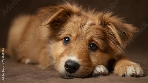 Adorable young canine rests its head upon its paws with pleading eyes