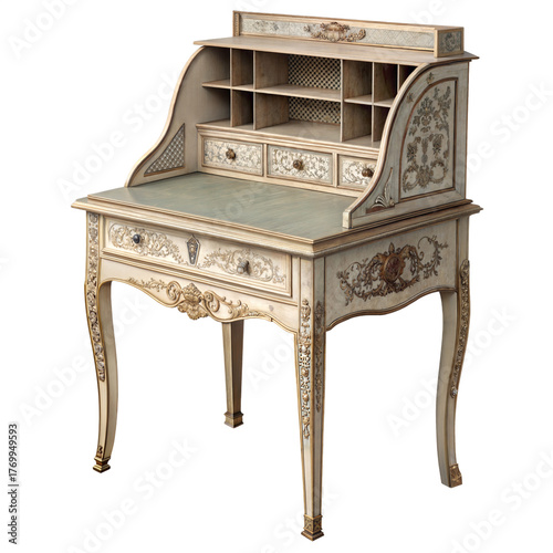 Fotografie Antique ornate roll top writing desk with drawers and shelves
