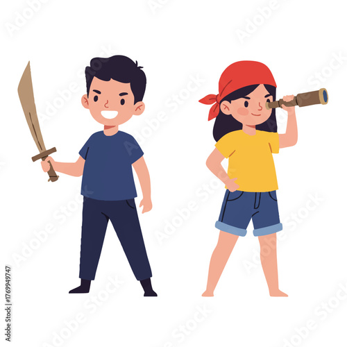 Flat 2D minimalistic illustration of happy children pretending to be pirates, playing an exciting imaginative adventure game with toy swords and bandannas, isolated on a bright white background.