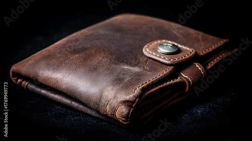blimp. Closed worn leather wallet with secure metal clasp on dark background. lifestyle magazines, social media lookbooks, designed for lifestyle magazines and social media content.