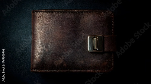 blimp. Closed worn leather wallet with secure metal clasp on dark background. lifestyle magazines, social media lookbooks, designed for lifestyle magazines and social media content.