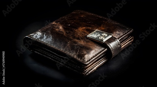 blimp. Closed worn leather wallet with secure metal clasp on dark background. lifestyle magazines, social media lookbooks, designed for lifestyle magazines and social media content.