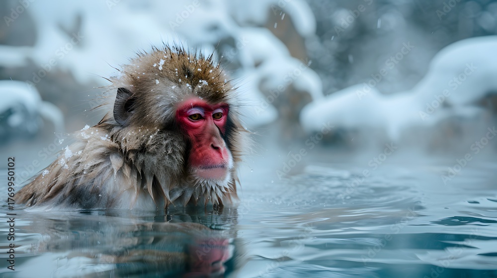 Naklejka premium Japanese Macaque Snow Monkey Warming In A Thermal Hot Spring Amid Snowy Steam