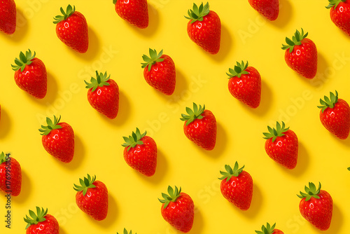 Repeated pattern of fresh red strawberries with green leaves on a bright yellow background surface