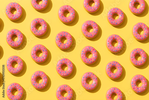 Repeating pattern of pink frosted donuts with sprinkles on a bright yellow background in bright sunlight