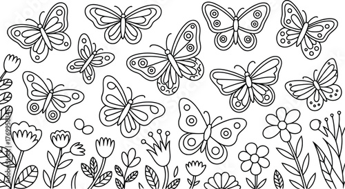 A whimsical black and white outline drawing features various butterflies gracefully fluttering among stylized flowers and foliage.