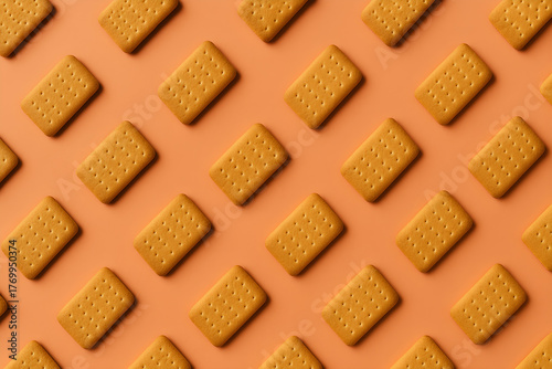 A repeating pattern of rectangular crackers on a solid orange background forming a neat design