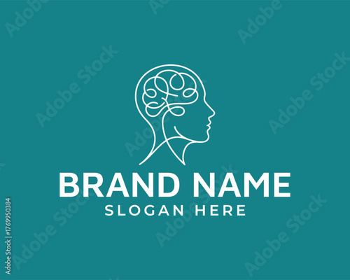 Minimalist logo design featuring a human head with a brain made of lines, symbolizing intelligence, creativity, and mental health isolated on white background