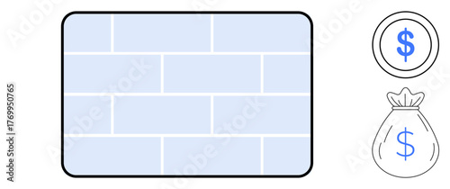 Brick wall representing protection alongside dollar coin and money bag illustrating wealth, savings, and stability. Ideal for finance, banking, investment, security, insurance, protection budget