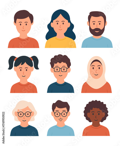 Simple Flat Style Different People Avatar Portraits with Various Ethnicities, A collection of nine unique, simple, and flat-style avatar portraits featuring a diverse range of individuals.