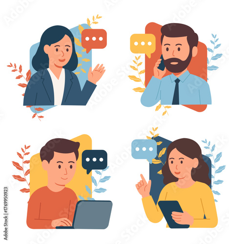 Flat Style Illustration of People Communicating Through Technology Devices and Speech Bubbles, Illustration showcasing diverse individuals engaging in communication through various technological.