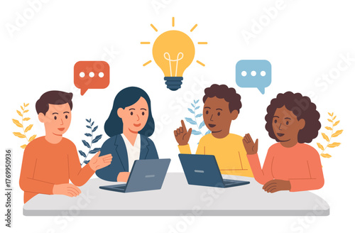 Set of four characters engaged in an animated discussion with laptops and speech bubbles, under a glowing idea lightbulb. Perfect for creative meeting visuals, idea exchange content, or modern