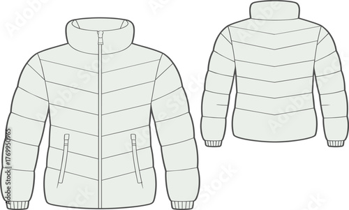 Vector illustration of modern quilted puffer jacket front and back view with chevron stitching, high collar, zipper closure, fashion design