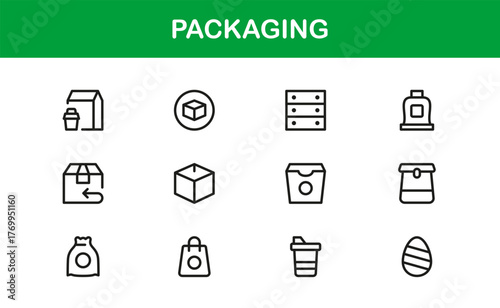 Professional packaging line icon set with minimal, editable vector designs — perfect for creating standout visuals in modern branding and design projects