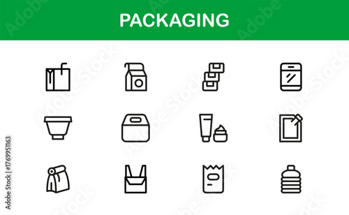 Professional packaging line icon set with minimal, editable vector designs — perfect for creating standout visuals in modern branding and design projects