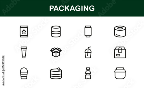 Professional packaging line icon set with minimal, editable vector designs — perfect for creating standout visuals in modern branding and design projects