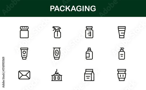 Professional packaging line icon set with minimal, editable vector designs — perfect for creating standout visuals in modern branding and design projects