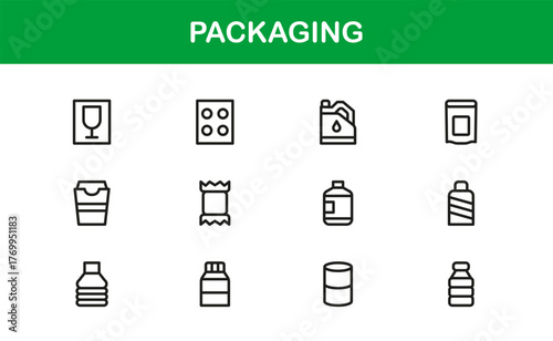 Professional packaging line icon set with minimal, editable vector designs — perfect for creating standout visuals in modern branding and design projects