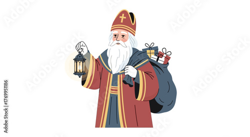 Sinterklaas with lantern and sack of gifts for holiday celebration