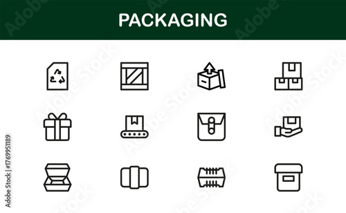 Professional packaging line icon set with minimal, editable vector designs — perfect for creating standout visuals in modern branding and design projects