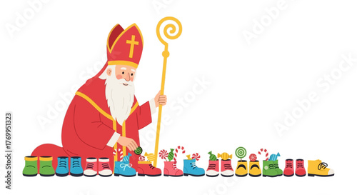 Saint Nicholas Day Sinterklaas putting gifts into shoes on white background - vector illustration