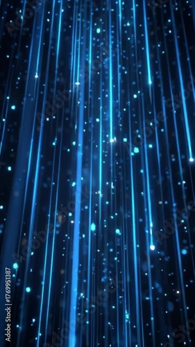 3D rendered vertical animation of blue lights through space