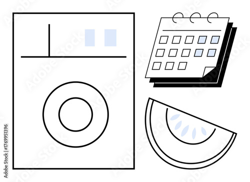 Washing machine, calendar, and watermelon slice in flat, minimalist design. Ideal for scheduling, household activities, time management, healthy living planning simplicity daily habits. Modern