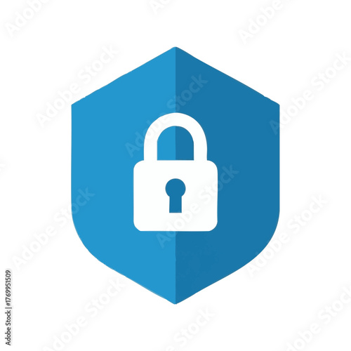 A digital security icon featuring a white padlock within a blue shield represents protection, safety, and privacy for online data and information.