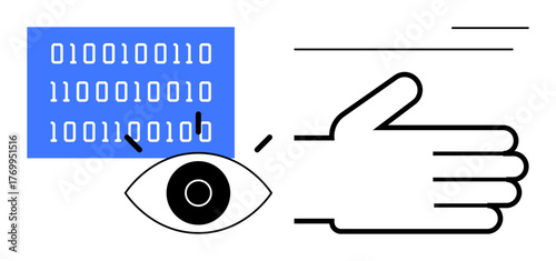 Eye gazing at binary code block and hand gesture suggesting interaction, focus, and information exchange. Ideal for cybersecurity, data monitoring, digital connections, accessibility, technology