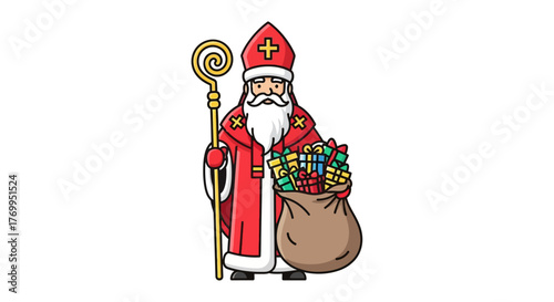 Saint Nicholas illustration with gifts sack and crozier in traditional costume