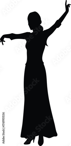 Silhouette of Graceful Woman in Dancing Pose with Raised Arms, Elegant Female Outline Illustration