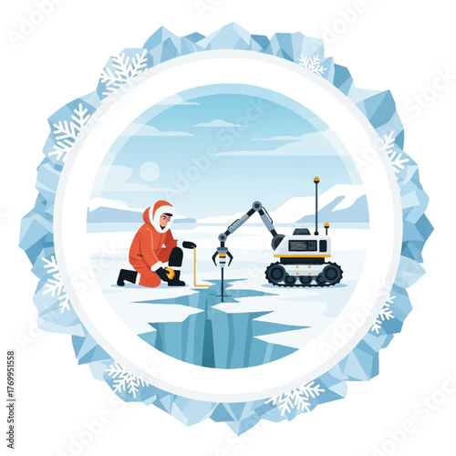 Scientist in arctic gear uses a drill near a crack in the ice while a robot assists with research.