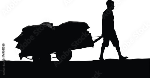 Silhouette of Laborer Pulling Loaded Handcart, Hard Work and Manual Labor Concept Illustration
