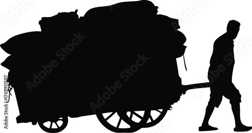 Silhouette of Man Pulling Overloaded Cart, Hard Work, Struggle, and Manual Labor Concept