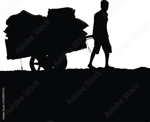 Silhouette of Man Pulling Loaded Cart, Hard Work and Manual Labor Concept