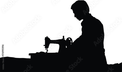 Silhouette of person sewing with vintage machine, tailor, fashion design, textile worker vector illustration