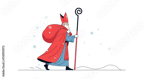Sinterklaas Illustration Festive Holiday Character in Winter Landscape with Staff and Sack