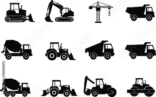 Construction vehicle icons, black silhouette set, bulldozer excavator crane, dump truck mixer, loader roller, industrial equipment, heavy machinery, job site tools, engineering machines