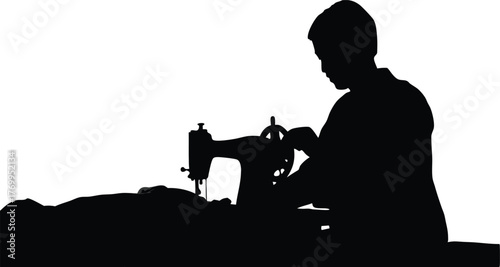 Silhouette of person sewing with vintage machine, tailoring, fabric creation, and craftsmanship vector illustration