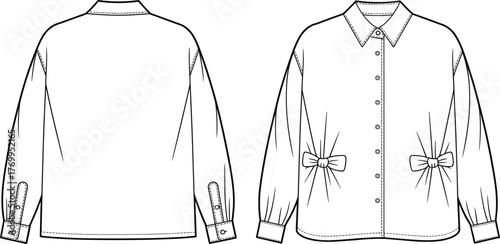 Long sleeve shirt sketch, fashion flat illustration, bow detail design, button-up garment drawing, front and back view, sewing pattern template, stylish clothing outline, vector fashion art
