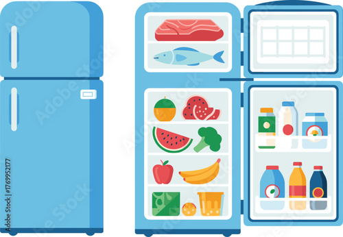 Open refrigerator, closed fridge, food storage, frozen meat, fresh fruits, vegetables, dairy products, organized shelves, kitchen appliance, household nutrition, fridge interior, cooling system