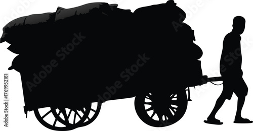 Silhouette of Man Pulling Overloaded Handcart, Concept of Hard Labor, Struggle, and Manual Work
