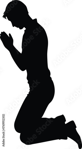 Silhouette of Man in Prayer Pose on Knees, Religious Worship and Spirituality Concept
