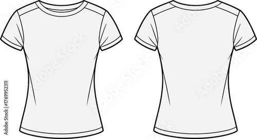 T-shirt technical sketch, front and back view, round neckline, short sleeves, fitted silhouette, fashion illustration, garment template, apparel design, clothing mockup, casual wear