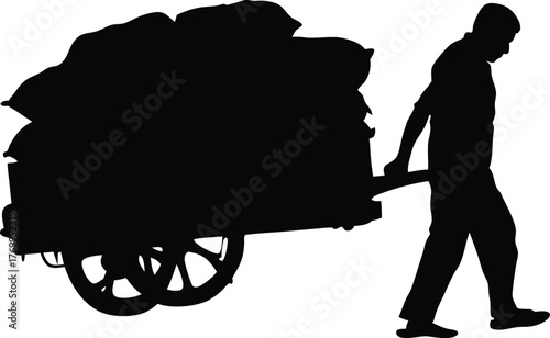 Silhouette of Man Pulling Heavy Cart Loaded with Sacks, Concept of Hard Labor and Physical Effort