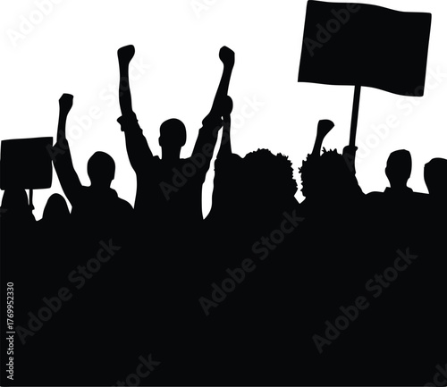 Silhouette of People in Protest Holding Signs and Fists Raised