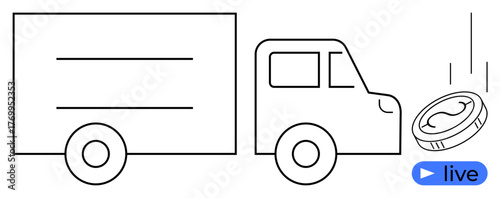 Truck with a falling coin and live tag highlights transportation, finance, and real-time logistics. Ideal for delivery, money, live tracking, freight, innovation commerce digital insights. Simple