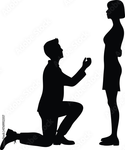Silhouette of Man Proposing to Woman Standing, Romantic Marriage Proposal Vector Illustration