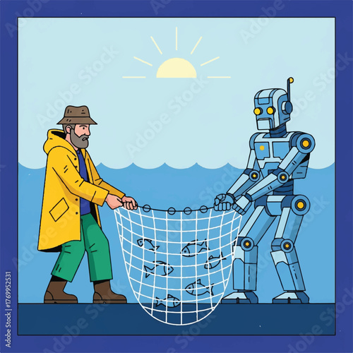 A fisherman and a robot work together pulling a fishing net full of fish from the sea under the sun.